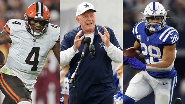 Separate photos of Deshaun Watson, Jerry Jones and Jonathan Taylor